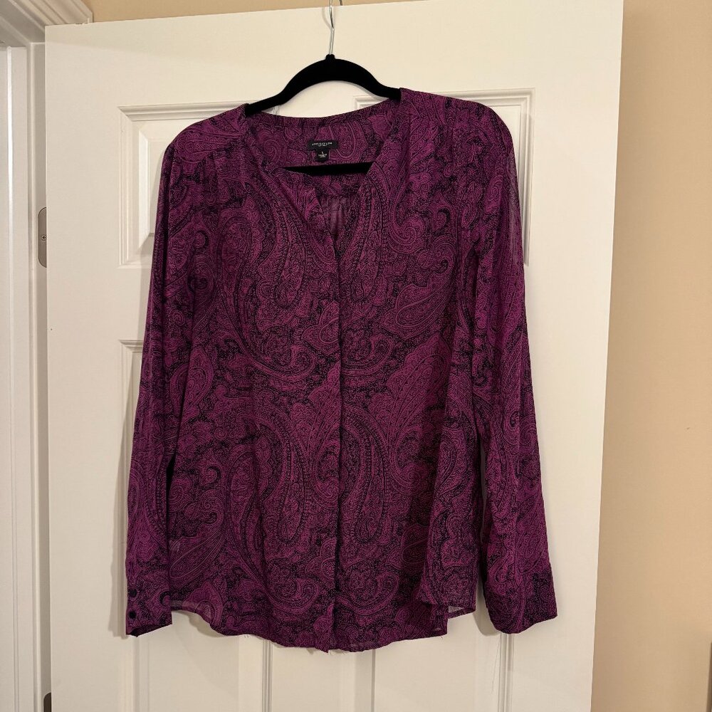 Ann Taylor Purple Black Paisley Sheer Blouse L